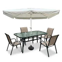 Ensemble de salle à manger d'extérieur avec parasol, ensemble de meubles de jardin, table en verre et 4 chaises empilables