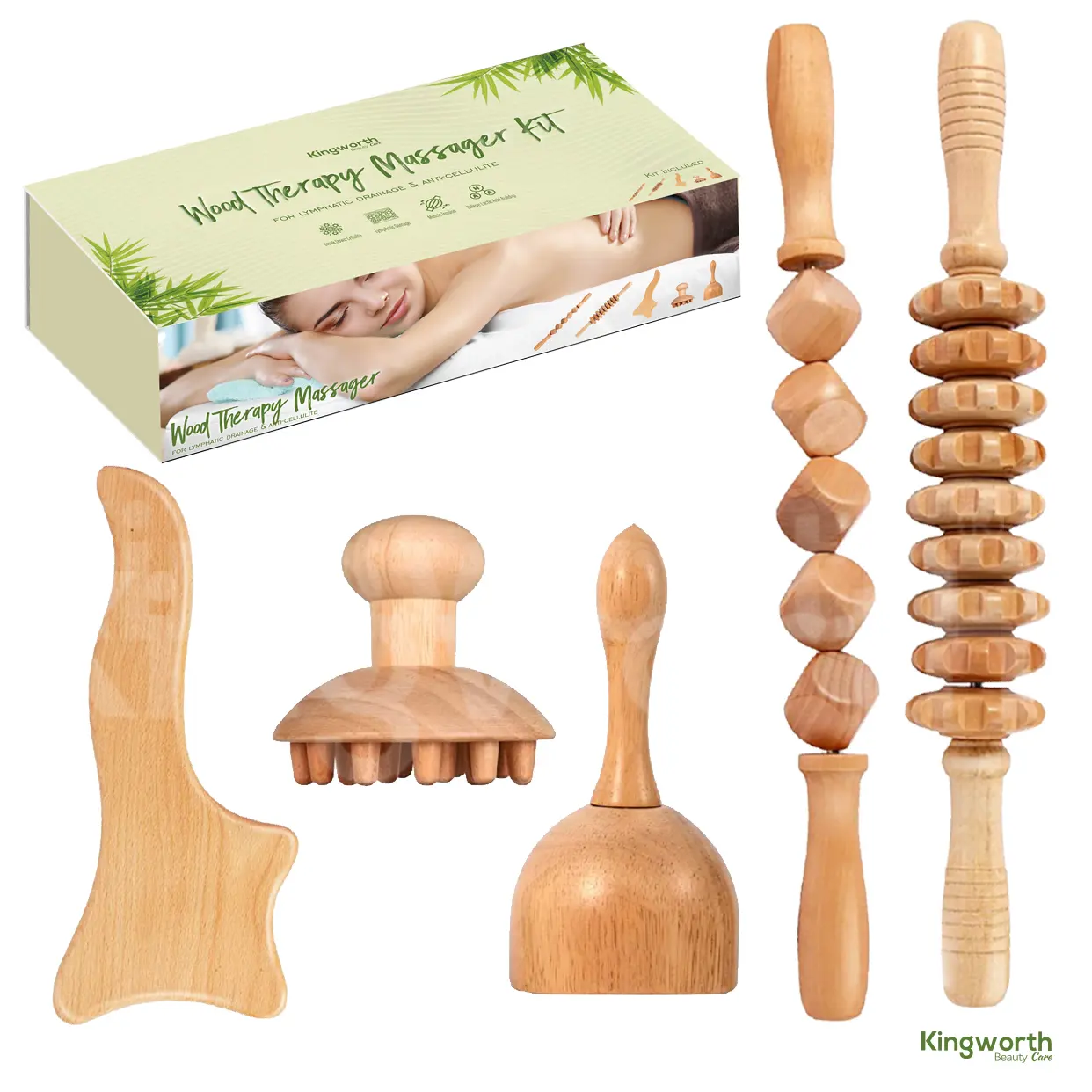 Kingworth 2022 5 In 1 Professional Massager Kit Body Cupping Wood Therapy Massage Tools Set