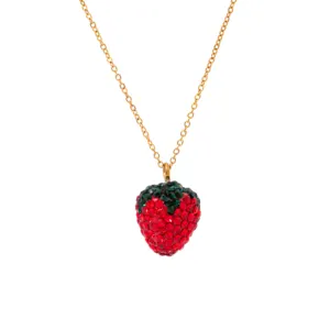 Cute Simple 18K Gold Plated Stainless Steel Full Zircon Strawberry Pendant Drop Necklaces for Girls
