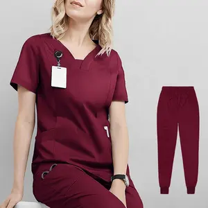 칼라 스크럽 세트 병원 유니폼 레드 패션 섹시한 스크럽 탑 새로운 도매 사용자 정의 중국어 짠 의료 유니폼 간호사