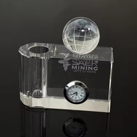 Porte-stylo en verre cristal transparent personnalisé avec horloge et globe pour ornement de bureau, cadeau