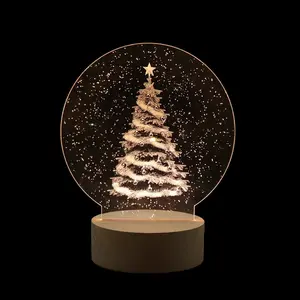 Lampe led 3D en acrylique sous forme d'arbre de noël, avec Base en bois, luminaire décoratif, idéal pour une Table de chevet ou une chambre à coucher, ou comme cadeau de noël pour enfants