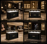 Comptoir de présentation de bijoux personnalisable en verre trempé et contreplaqué massif avec éclairage LED, étagère de présentation, écologique et étanche