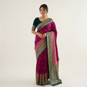 AARA Fashion Saree en soie pour femme, vert, avec bordure violette et rose, tenue de mariage indienne traditionnelle, longueur au sol, coupe classique, toutes tailles - Product Image 1