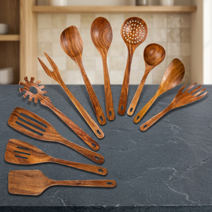 Ensemble d'ustensiles de cuisine en bois, 10 pièces, cuillères, spatules, fourchettes en bois d'acacia, sans danger pour les aliments, lavage à la main uniquement - Product Image 3