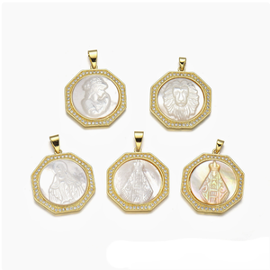 YH2031 Exquise breloque en nacre naturelle sculptée, plaquée or, avec <span class=keywords><strong>camée</strong></span> tête de lion et Vierge Marie, composants de bijoux - Product Image 3