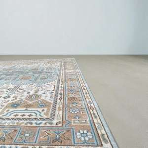 Tapis Oushak en laine fait main PB Nicolette, beige et bleu, pour salon, chambre et salle à manger. Tapis noué à la main, tapis tissé à la main. - Product Image 2