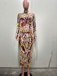 Abito Lungo da Donna con Collo Alto, Stampa Astratta e Strass, Vestito da Festa in Rete, Moda Sehe - Product Image 3