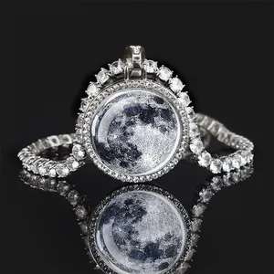 Nouvelle Mode Argent Plaqué Lune Soleil Rond Cristal Pendentif Galaxie Système Solaire Bijoux Strass Diamant Tennis Hiphop Collier