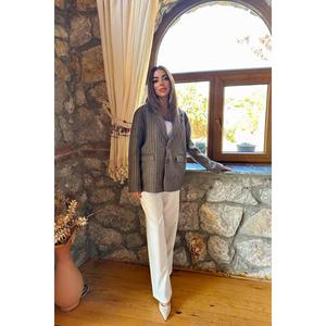 Veste en laine rayée marron pour femme, manteau chaud tissé à manches longues, décontracté, automne - Product Image 5