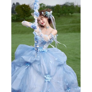 Blue Dream Wedding Dress Strapless Ball Gown Empire Waist Floral Print Outdoor Photography Outfit Flower Fairy Blue - Product Image 1