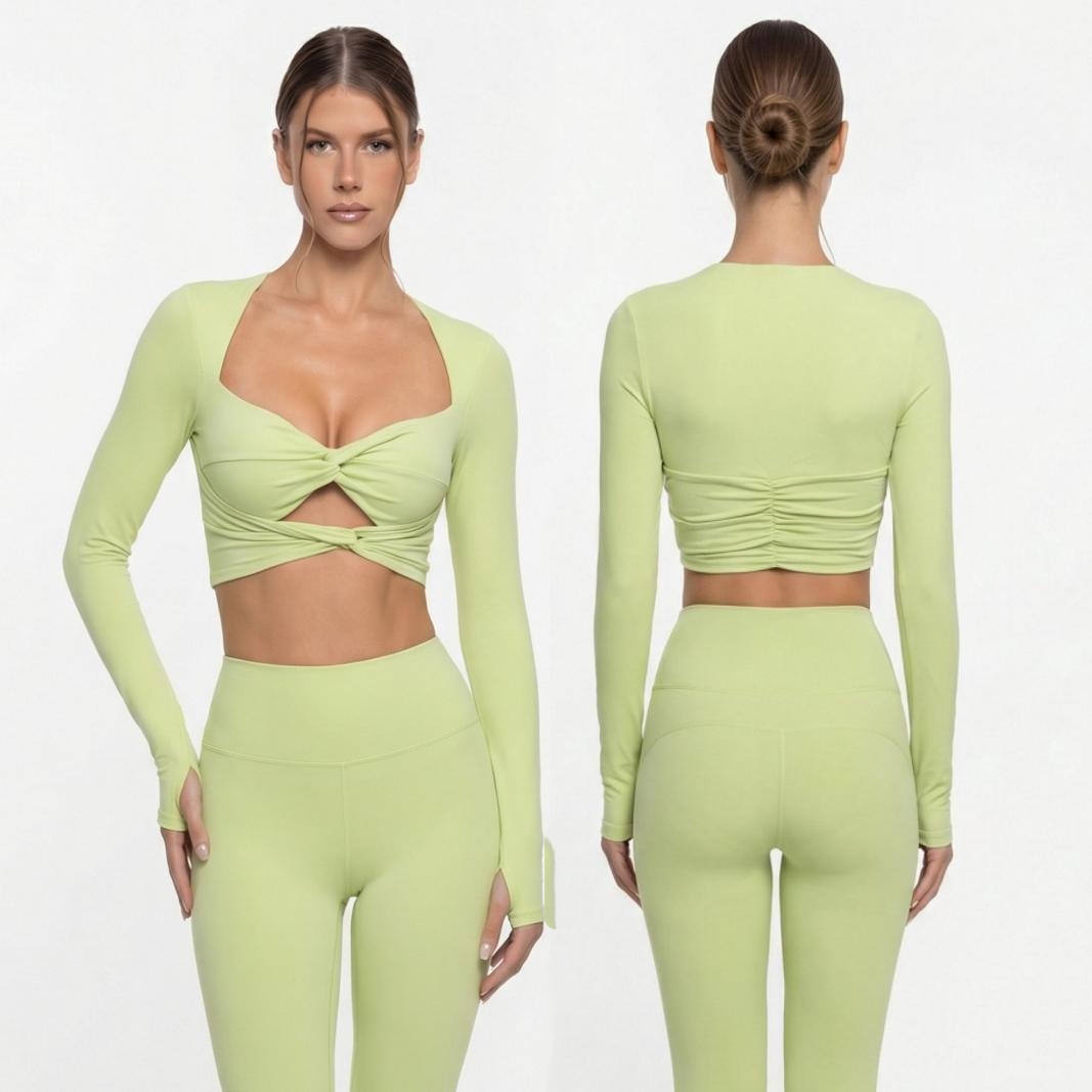 Ladies Fitness Yoga Wear Suit Pleated Crop Top & High Waist Pants Active Wear Set