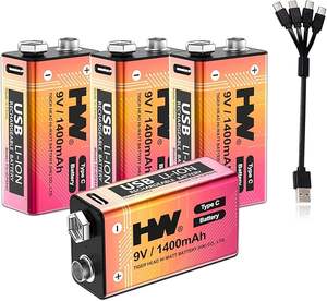 4 Pack HW prezzo all'ingrosso 9V USB batterie ricaricabili 1400mAh 1600 cicli batterie agli ioni di litio con cavo tipo-C - Product Image 1