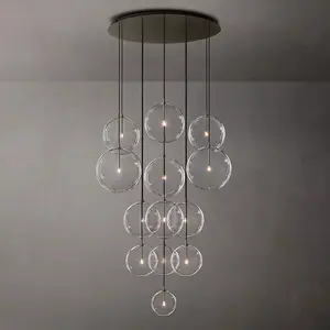 Long Staircase Chandelier Pendant Light Modern Hanging Clear Glass Bubble Ball Staircase Light