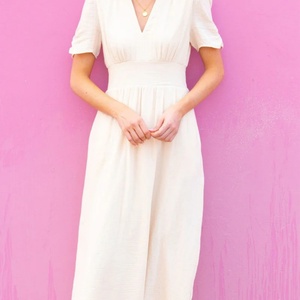 ชุดเดรสผ้าฝ้ายลินินทรงเอ สไตล์ลำลอง คอวี แขนสั้น แต่งระบายเก๋ๆ ความยาวปานกลาง สำหรับผู้หญิง - Product Image 2