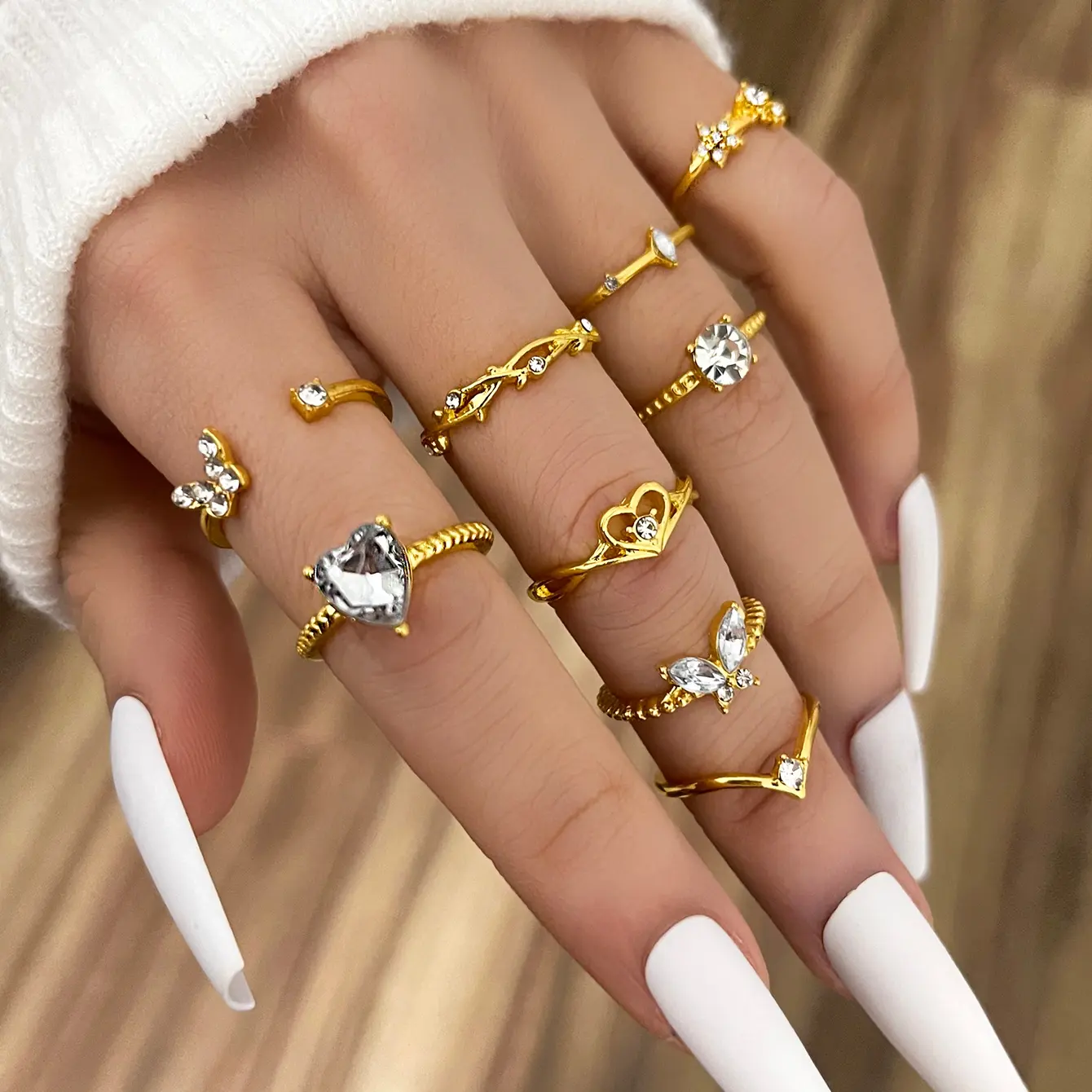 Sindlan 9pcs/set Elegant Diamond Butterfly Rings Jewelry Shining Heart Retro Knuckle Ring Set For Women