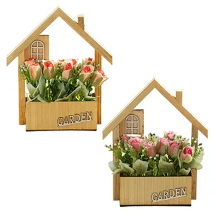 Lorenda PMG10 small potted roses fake-plant in a wooden house pot desktop wall decoration rose artificial flowers