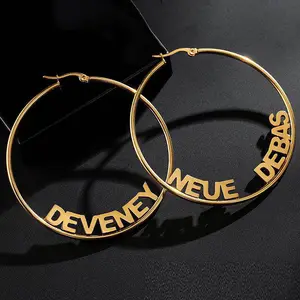 Wholesale Gift Personalized Trendy Jewelry Supplier Women Large Big Gold Plated Name Hoop Earrings