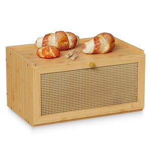 Boîte de rangement en bois pour gâteaux et pain, en bambou avec panneau tressé, organisateur de cuisine pour le rangement des aliments - Product Image 5