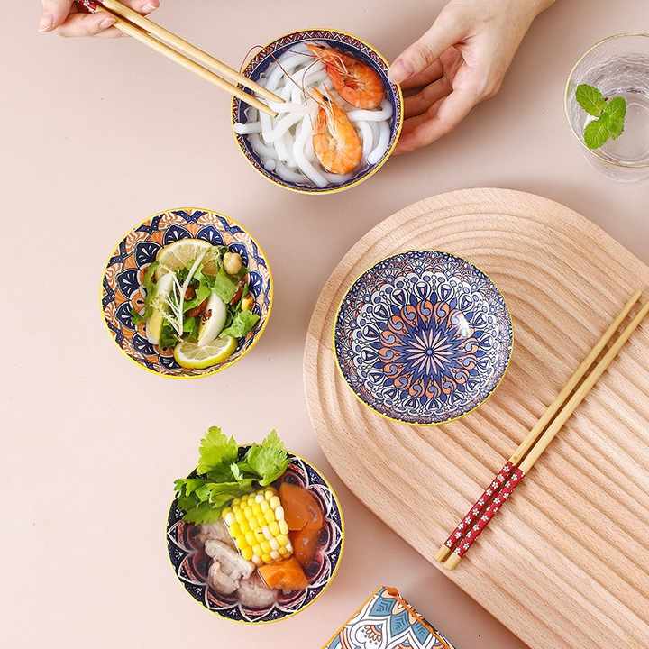 Bohemian Style 4Pcs Colorful Ceramic Rice Chopsticks Bowl Gift Set Eco-Friendly Dishwasher Safe Dinnerware Sets