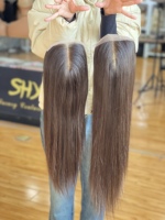 SHY Mini Topper de perruque en cheveux humains vierges, longueur personnalisée, Lace Front avec tissu diamant, mouvement naturel, marque privée