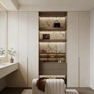 Armario Abierto Integrado Personalizado con Fondo de Mármol, Iluminación LED y Estantes de Múltiples Niveles para Almacenamiento Moderno en Apartamentos - Product Image 4