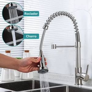 Grifo de Cocina de Lujo, Grande, Plateado, Flexible, con 2 Manijas, Acabado Cromado, Extraíble, Montado en Cubierta - Product Image 3