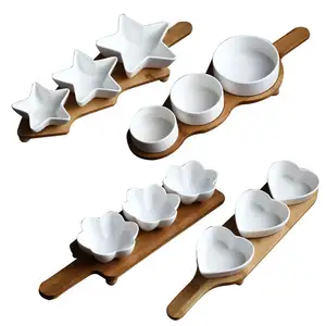 Bamboo Charcuterie Plate with 3pcs Ceramic Bowls House Warming Gifts New Home Present Wood Snack Tray Cheese Serving