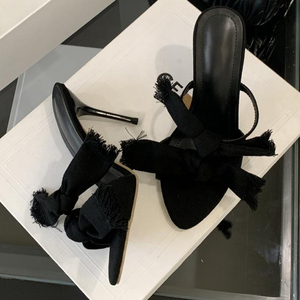 Women's Double Bow-knotted Thin Heels on Denim Mules Pumps <b>Open</b> Toe Anti-Slippery Sandals - Product Image 5