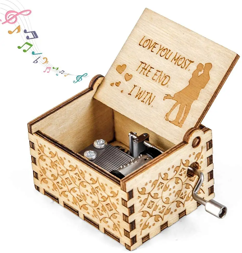 Precio de fábrica a granel pequeño láser tallado personalizado de madera Harry Movie Potter manivela caja de música para regalos de cumpleaños