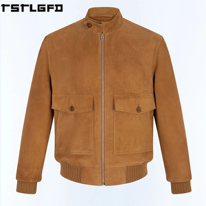 Custom <b>Suede</b> Patch Pocket <b>Jacket</b> Men Cognac Brown Stand Collar Windbreaker Streetwear Outerwear Manufacturers Bulk - Product Image 4
