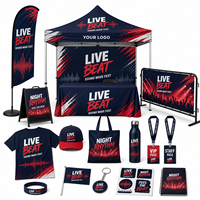 Kit de exhibición promocional personalizado para exteriores con carpa, pancarta enrollable, mantel y banderas para la configuración de un stand de marketing en festivales.