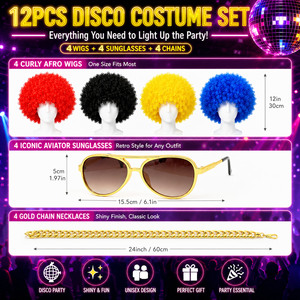 Pafu - Juego de 12 Accesorios para <span class=keywords><strong>Disfraz</strong></span> de Discoteca, Peluca <span class=keywords><strong>Afro</strong></span>, Gafas de Aviador, Cadena Dorada para Halloween, Navidad y Fiestas - Product Image 6