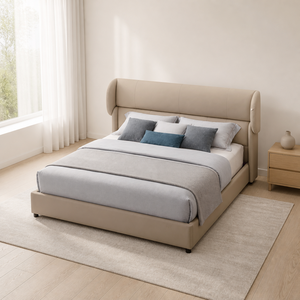 Cama Tapizada con Cabecera Curva y Borde Enrollado, Estructura de Plataforma Baja de Cuero Acolchado, Tamaño King, para Dormitorio de Invitados - Product Image 2