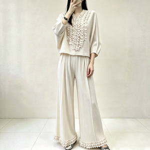 Elegant Solid Woven <b>White</b> Ruffled Top with Wide Leg Pants <b>Set</b> Loose Fit Lantern Sleeve Casual Summer Outfit - Product Image 1