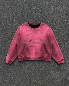 เสื้อสเวตเชิ้ตผู้ชายสไตล์วินเทจ ย้อมสีแบบแอซิดวอช แต่งสีบล็อก ดีไซน์ขาดๆ แบบกรันจ์ ชายเสื้อแบบรุ่ยๆ คอกลม ทรงโอเวอร์ไซส์ - Product Image 1