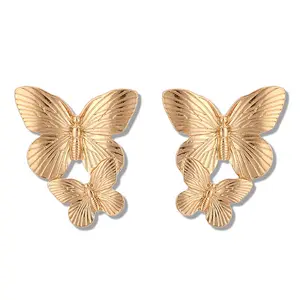 KinLing OEM Orecchini Creative Alloy Double Butterfly Earrings Retro Exaggerated Gold Earring
