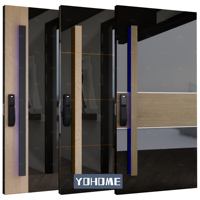 Porte en acier de haute qualité américaine, porte de sécurité extérieure noire avec incrustation en bois, portes pivotantes de luxe pour l'extérieur de la maison