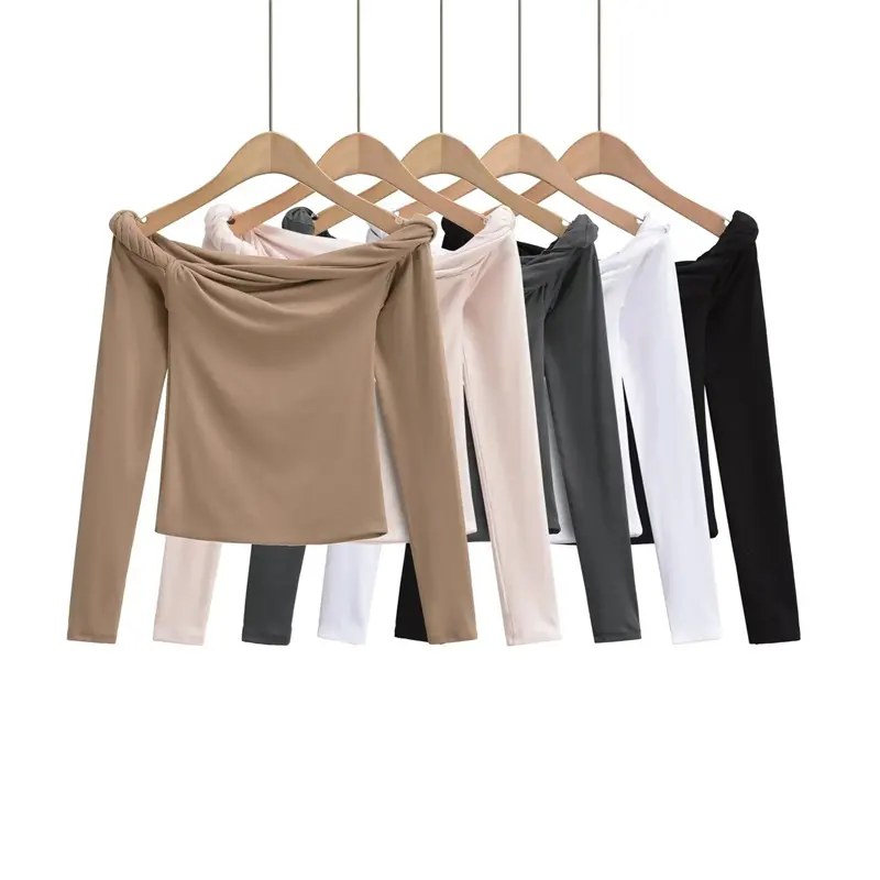 अमेरिकी सेक्सी स्लिम एक लाइन गर्दन की लंबी आस्तीन वाली टी-शर्ट, कंधे की लंबी आस्तीन टी-शर्ट