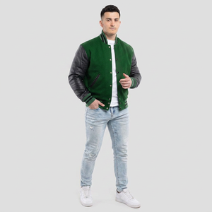 Mens Varsity Jacket Green Black Custom Letterman Baseball Bomber College PU <b>Leather</b> Sleeves Stand Collar Front OEM Manufacturer - Product Image 1