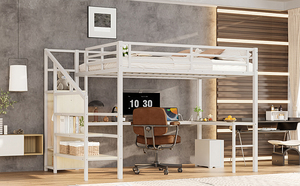 Lit mezzanine queen size avec bureau en forme de L et lit mezzanine en métal USB avec <span class=keywords><strong>armoire</strong></span> et étagère réglable - Product Image 3