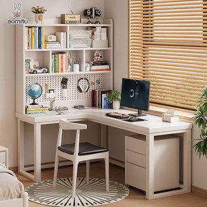 Bàn góc hình chữ L bằng gỗ nguyên khối với giá sách tích hợp bàn học đôi và bảng lỗ bàn máy tính bền và Tủ Sách - Product Image 3
