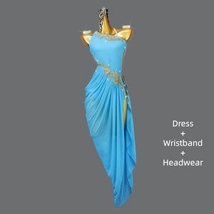 Robe de <span class=keywords><strong>danse</strong></span> latine bleu ciel à une épaule avec applique en dentelle dorée ornée de strass et jupe asymétrique drapée pour spectacle sur scène - Product Image 1