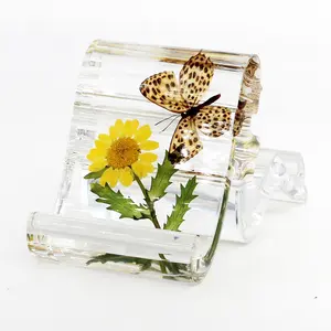New Product resin mobile phone holder smartphone stand cell phone stand model with real butterfly insect flower resin crafts