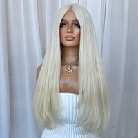 Perruque en cheveux humains blond platine, entièrement en dentelle, longue et droite, avec raie au milieu, texture soyeuse, ligne de cheveux naturelle pré-épilée, coiffage polyvalent