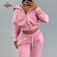 Haute qualité 100% coton pantalons de survêtement et recadrée fermeture éclair à capuche ensemble femmes personnalisé en détresse broderie deux pièces survêtements ensemble
