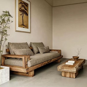 Canapé droit en bois massif Wabi Sabi personnalisé, canapé en tissu de lin minimaliste japonais vintage pour hôtel, B&B, hall, salon - Product Image 1