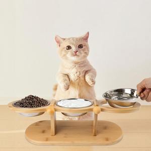 ขาตั้งชามอาหารสัตว์เลี้ยงทำจากไม้ไผ่และสแตนเลส ทนทาน เป็นมิตรกับสิ่งแวดล้อม สำหรับสุนัขและแมวขนาดเล็ก |   ที่ป้อนอาหารแบบปรับระดับได้ ป้องกันการก้มคอ - Product Image 5