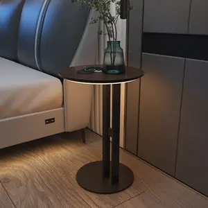 Table moderne Desig Mobilier de salon Métal Bois Table de chevet intelligente Table basse ronde avec lumière