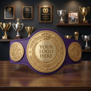 Ceinture de boxe personnalisable avec plaque dorée et sangle violette pour équipement d'entraînement d'arts martiaux, unisexe, en PU durable - Product Image 1